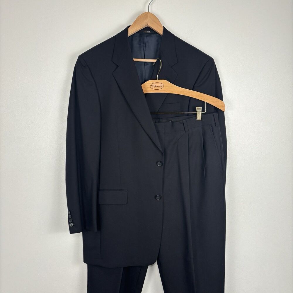 Hart Schaffner Marx 2 Piece Suit Mens 41L Wool Dark Navy HSM Super 100s Pleated